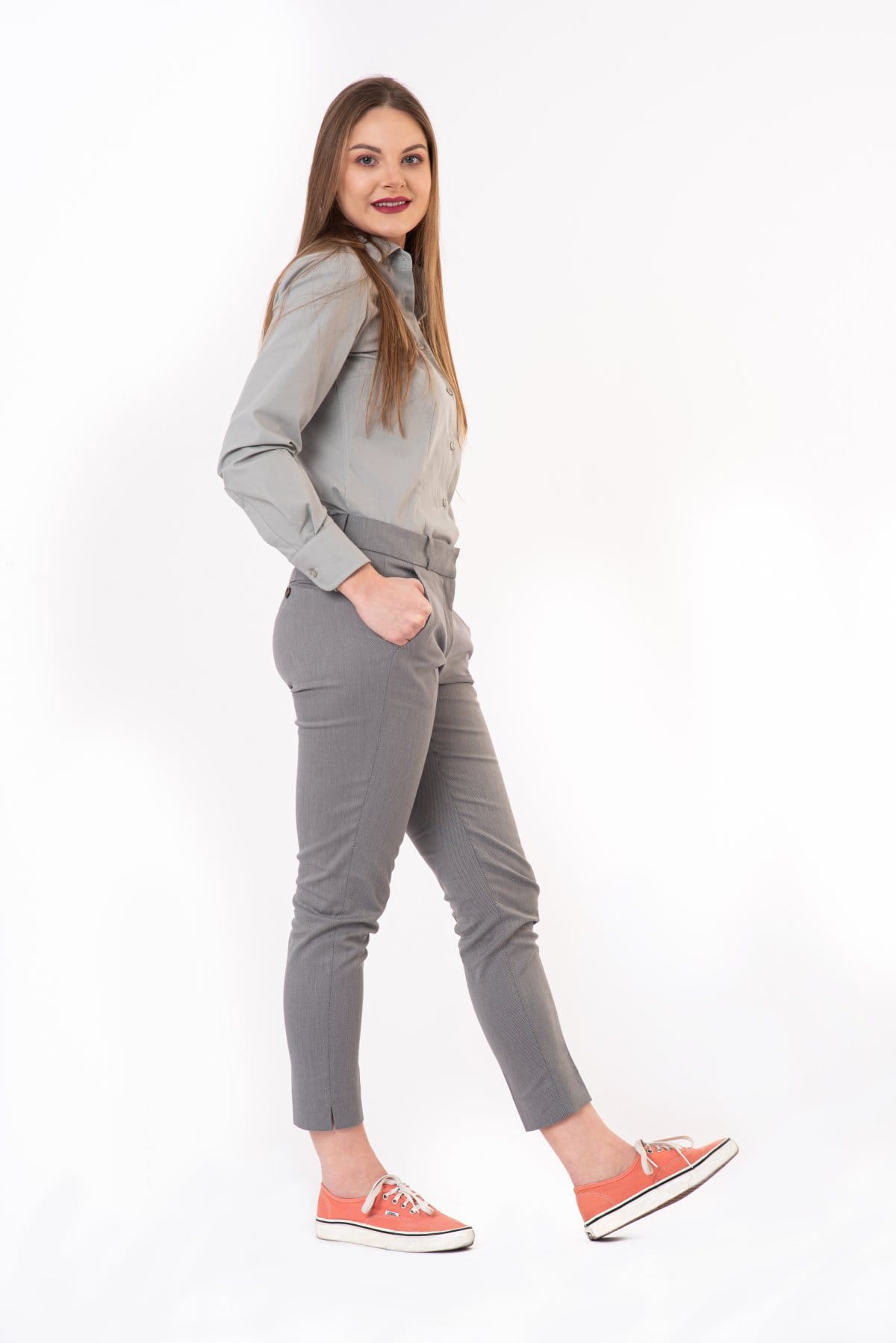 Eleganckie spodnie slim — Szary w liście, zdjęcie 8