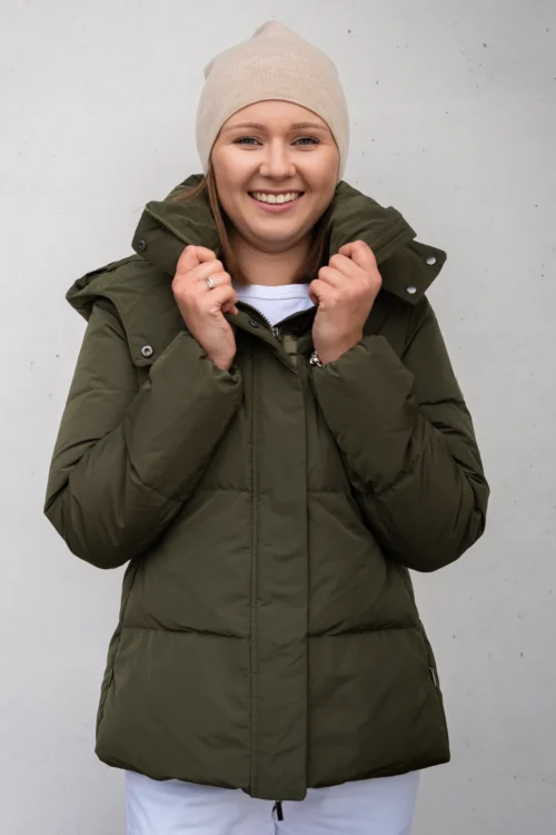Krótka kurtka puchowa z odpinanym kapturem — Khaki