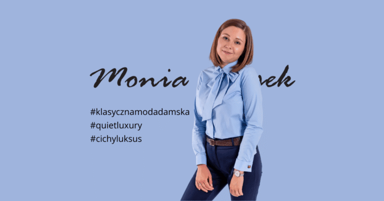 Klasyczna moda damska - błękitna koszula z kokardą i granatowe spodnie w stylu quiet luxury